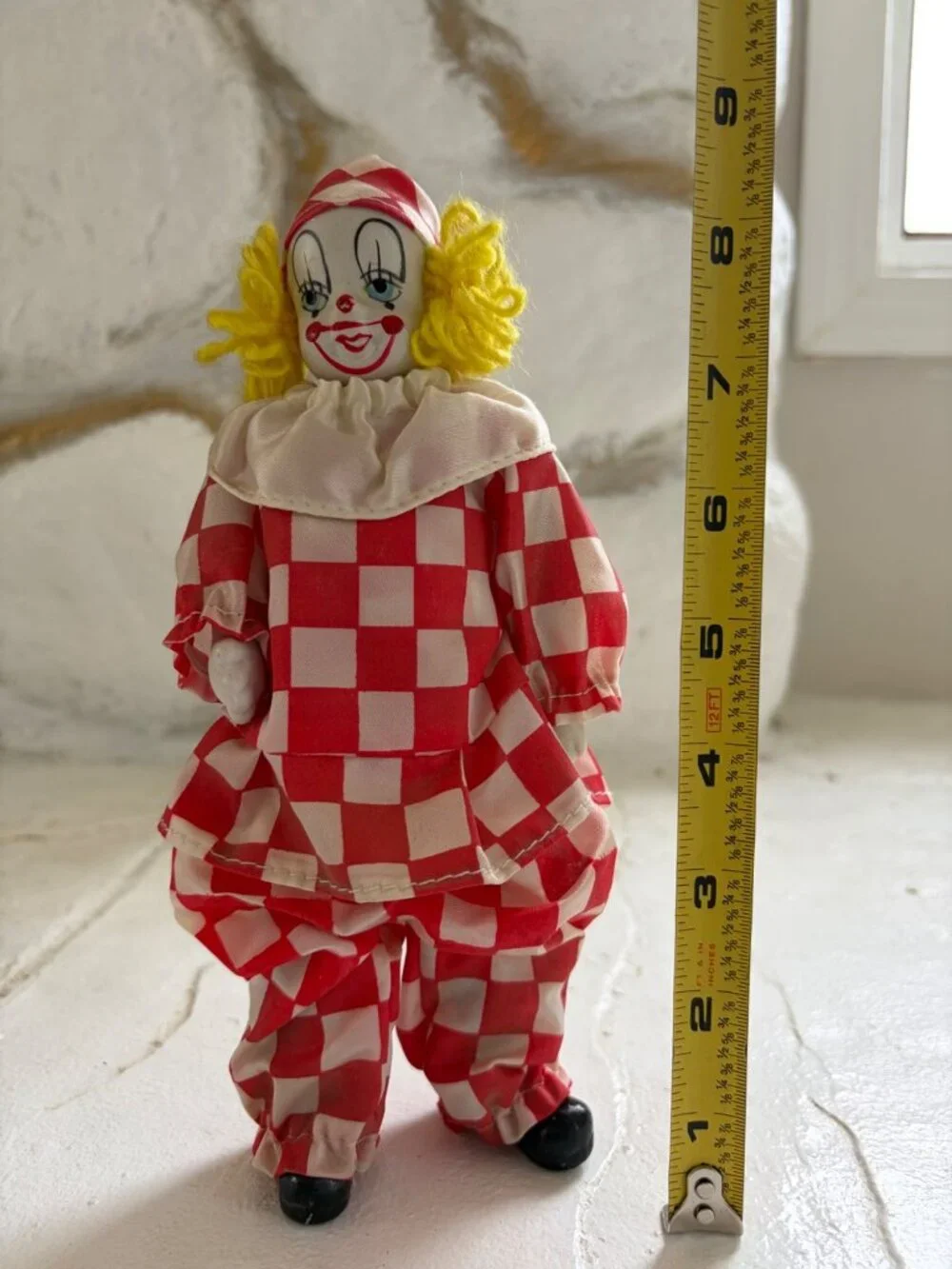 Vintage Red & White Harlequin Checkeredboard Clown Doll Yarn Hair Figurine - Picture 14 of 14